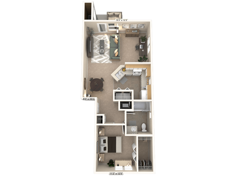 A floor plan of a two-bedroom apartment with a living room, kitchen, and bathroom